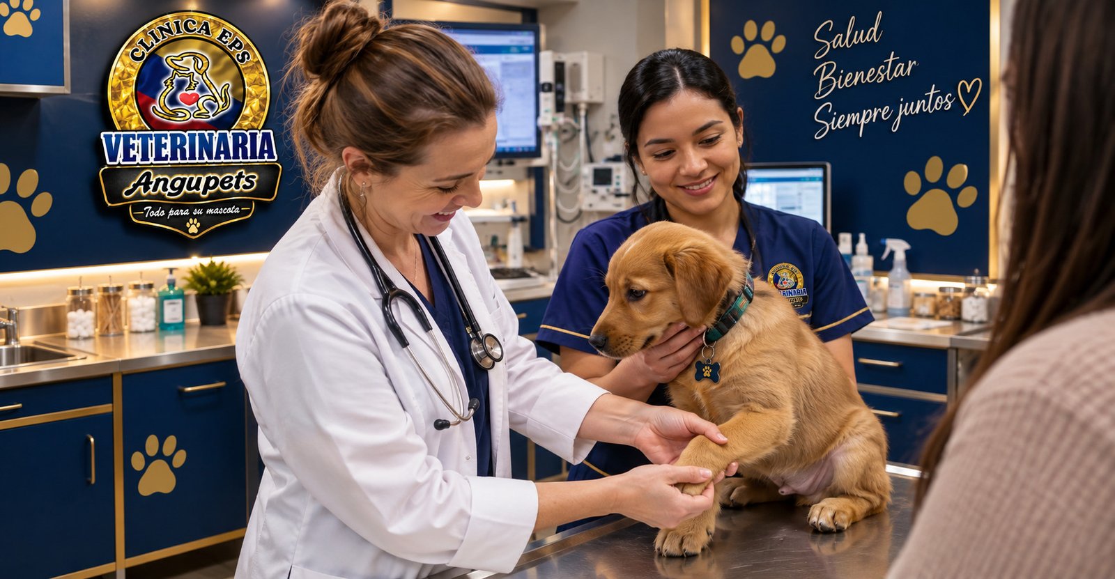 Veterinaria de Angupets revisando a un cachorro junto a una cliente