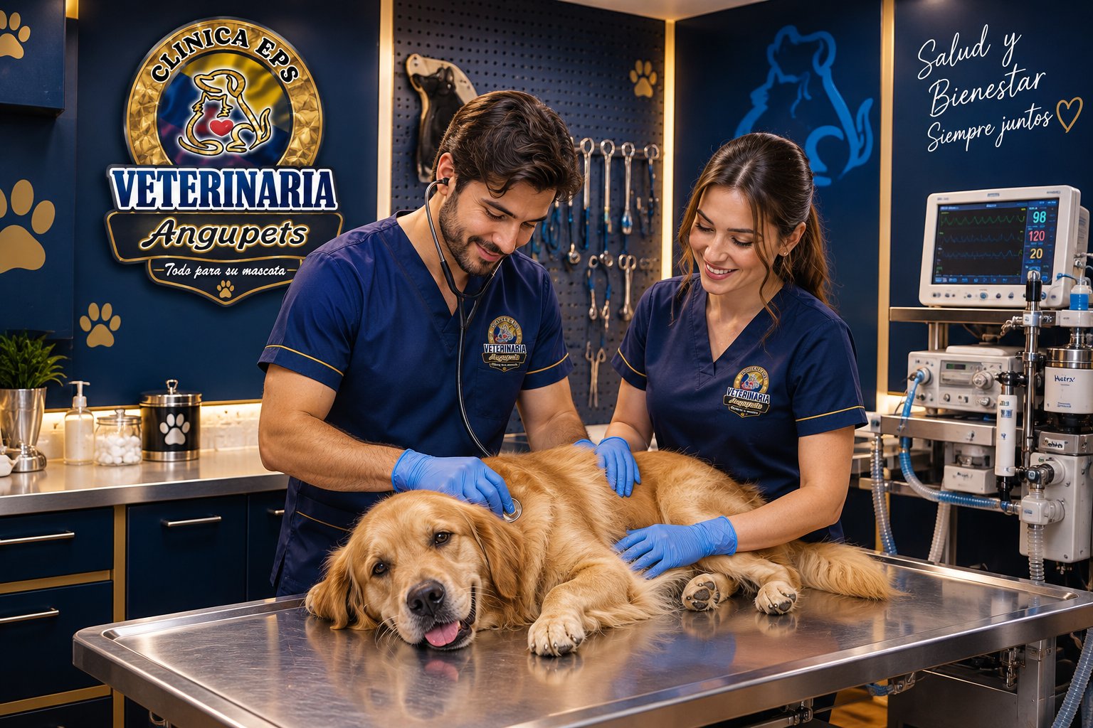 Equipo veterinario de Angupets revisando a un perro golden retriever